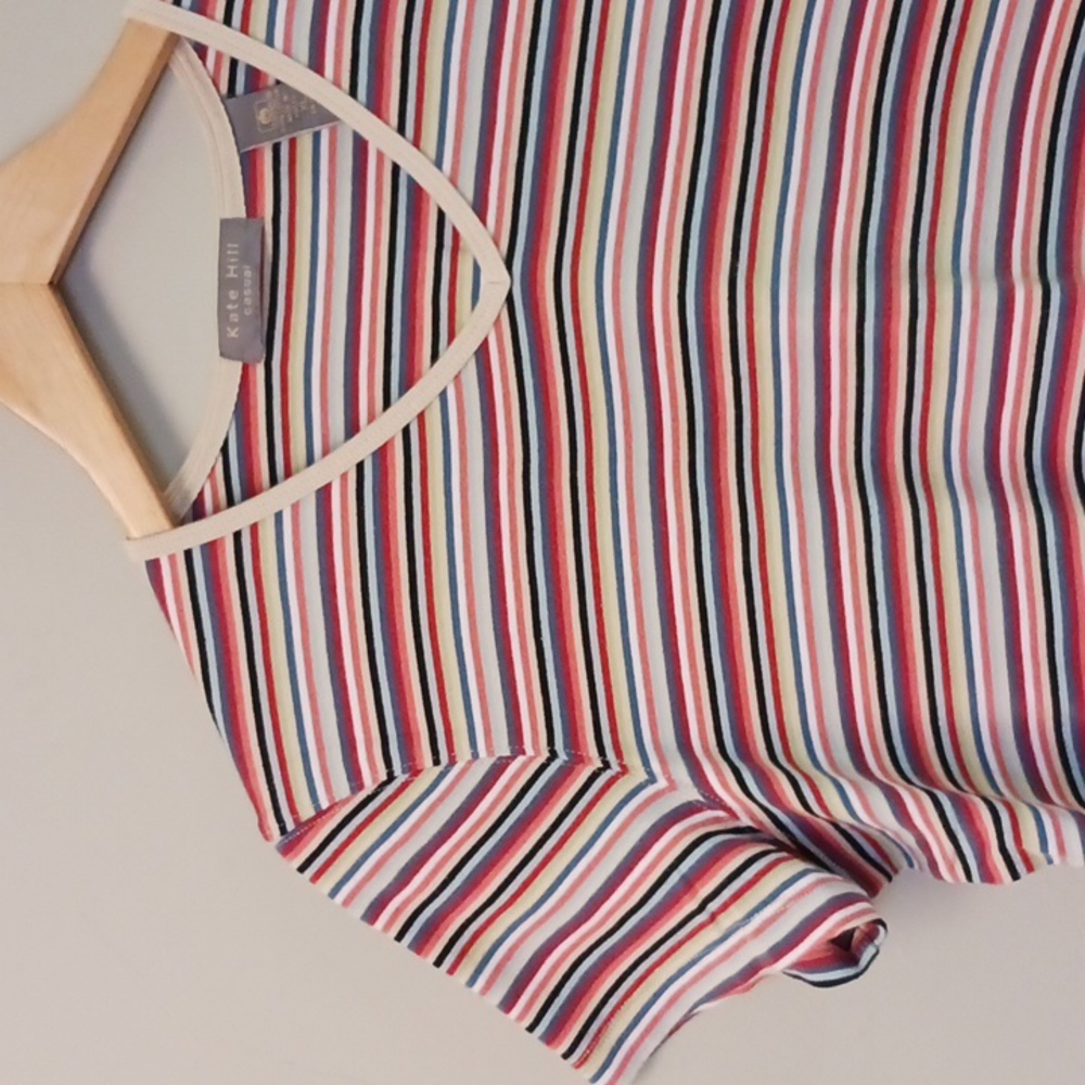 Kate Hill V- Neck Cotton Striped Short Sleeve T-shirt Size XL - Picture 3 of 10